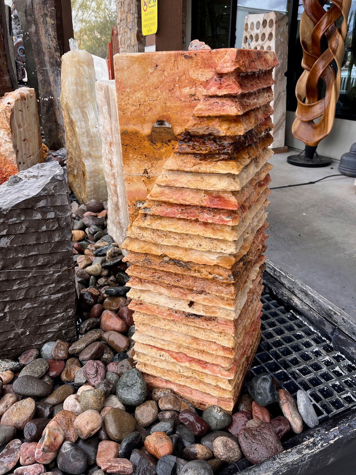 Red Travertine Fountain - Chiseled Pillar