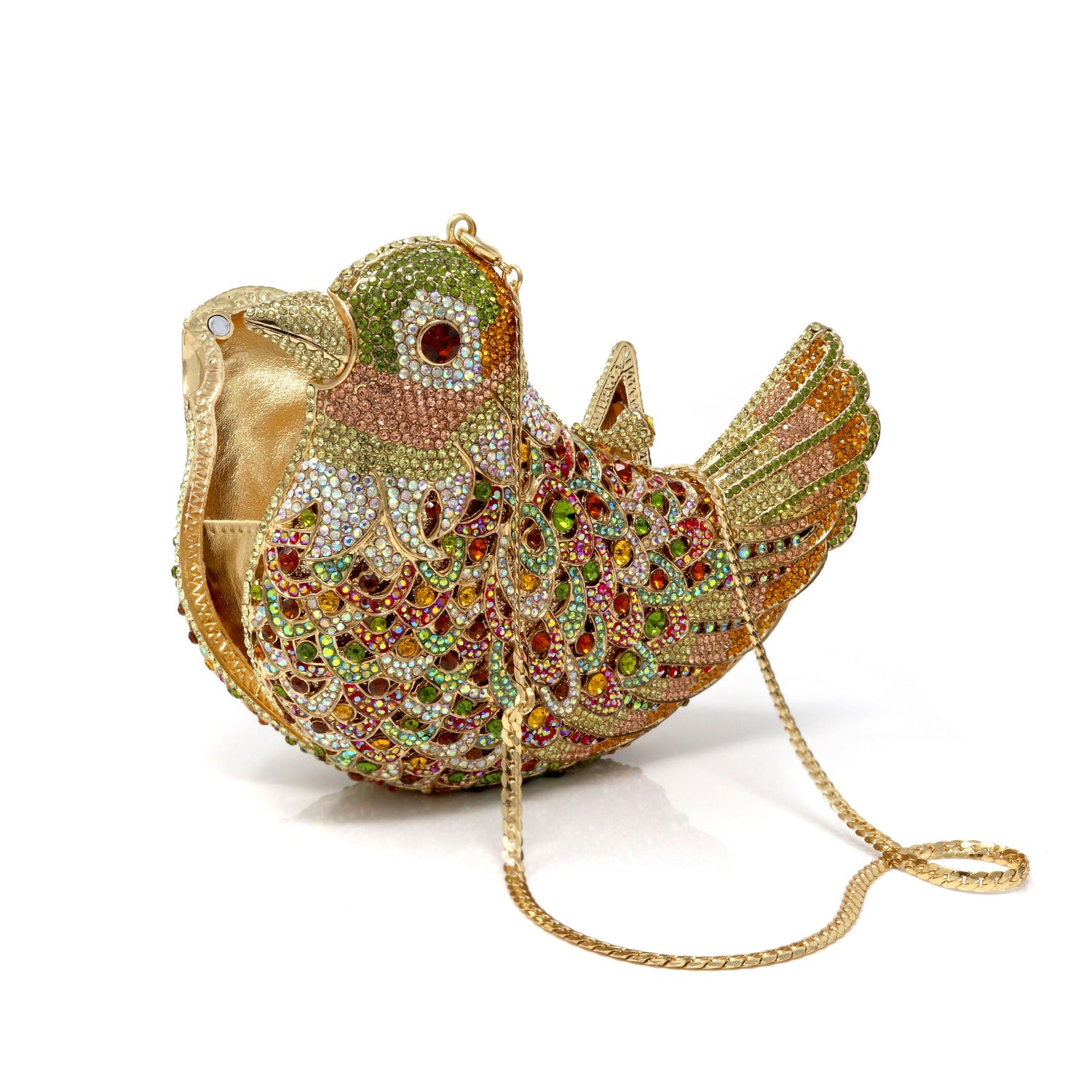 Fall Colors Bird Crystal Purse with Chain - Amber Eyes Gold Tone