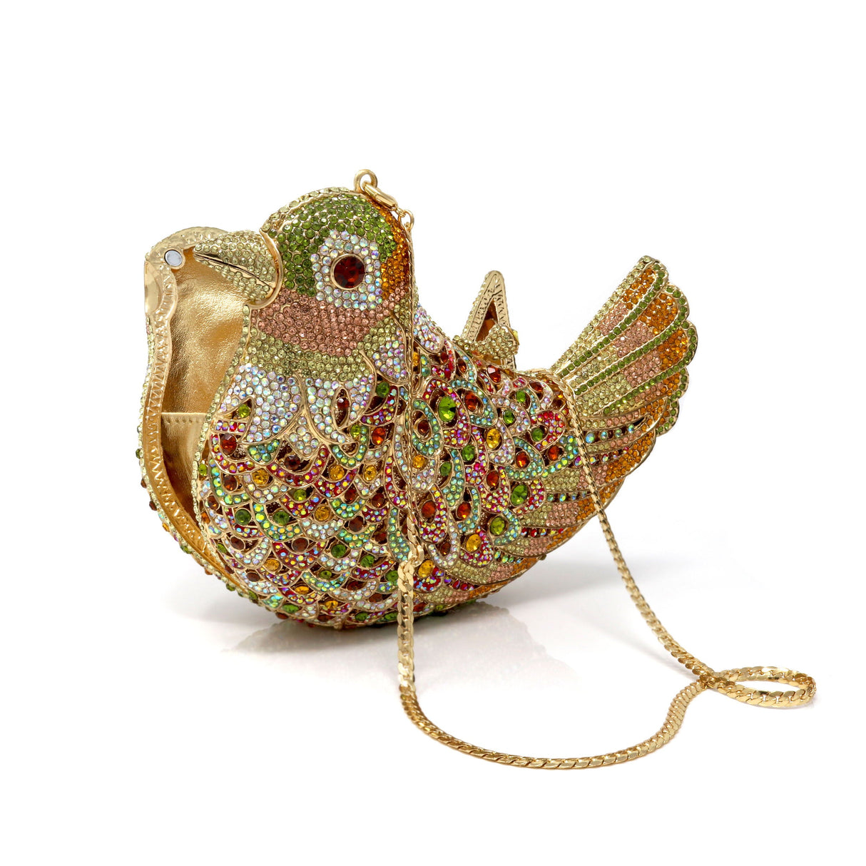 Fall Colors Bird Crystal Purse with Chain - Amber Eyes Gold Tone