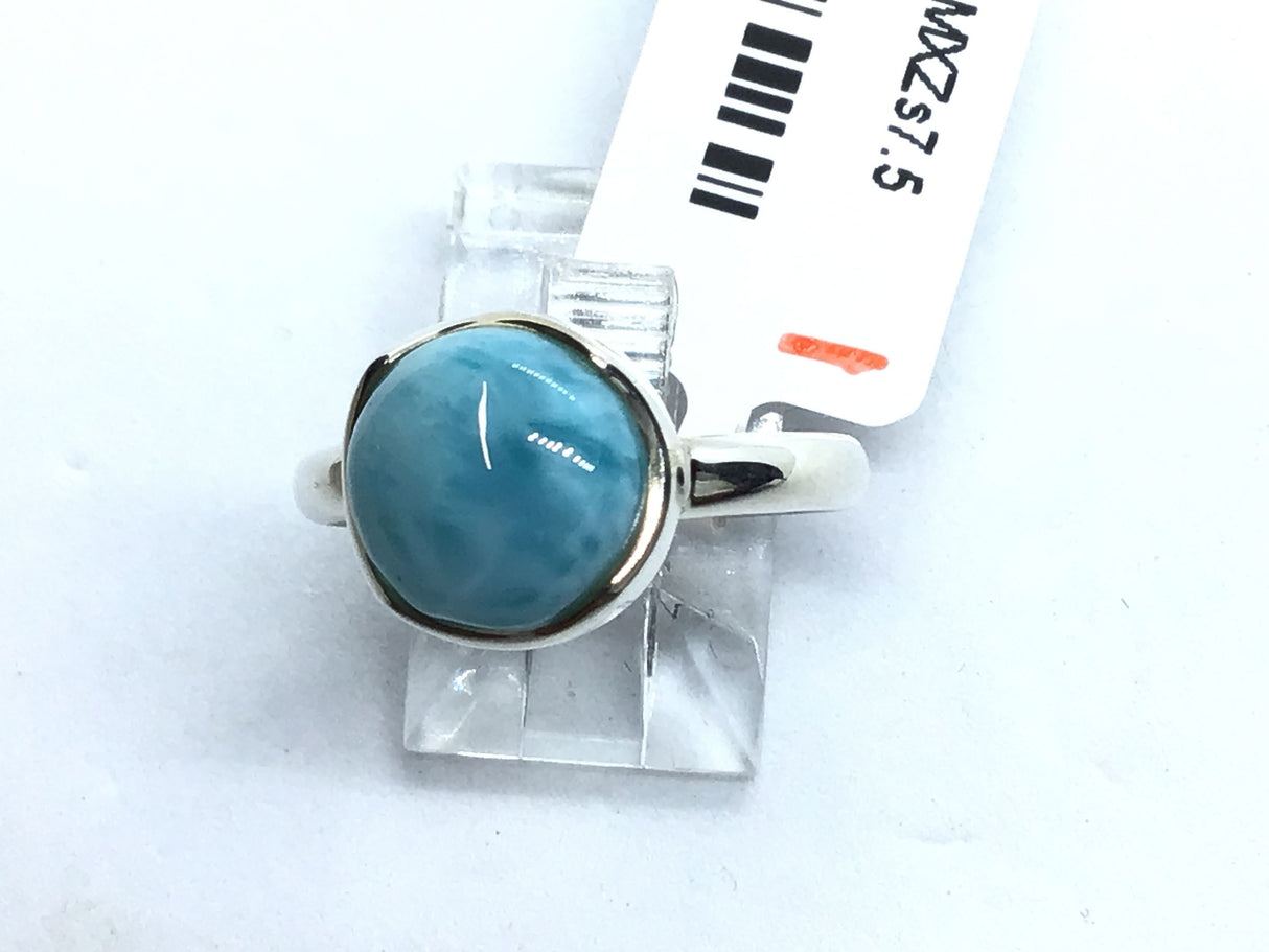 View of Larimar Ring - Flat Cut Round Cabochon Set in 925 Sterling Silver Wide Scalloped Bezel sz7.5