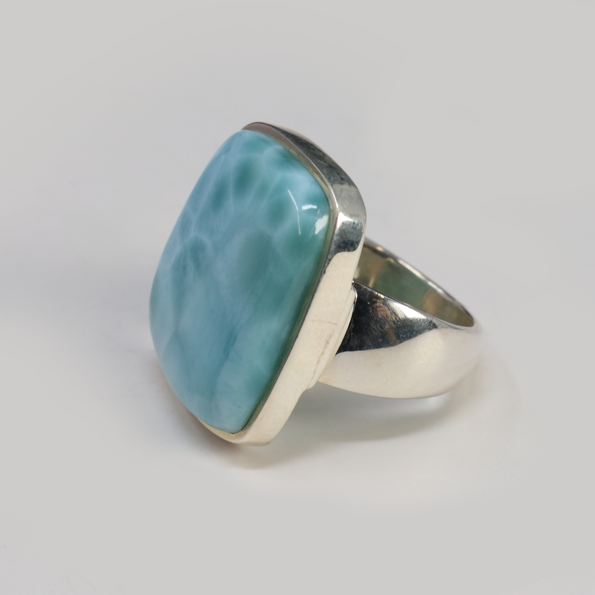 Larimar Ring - Rectangle Cabochon Set in Simple 925 Sterling Silver Bezel & Band sz8.75