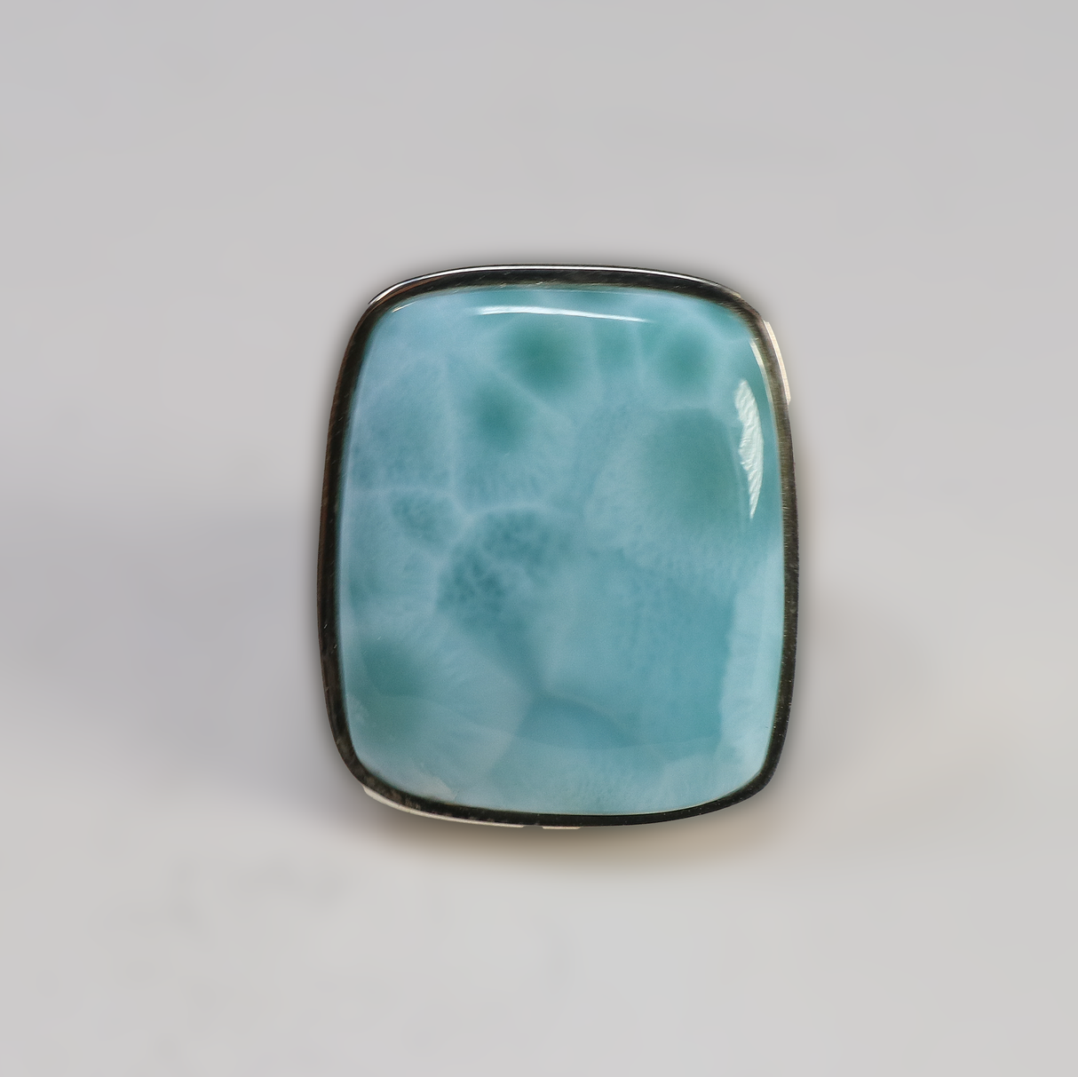 View of Larimar Ring - Rectangle Cabochon Set in Simple 925 Sterling Silver Bezel & Band sz8.75