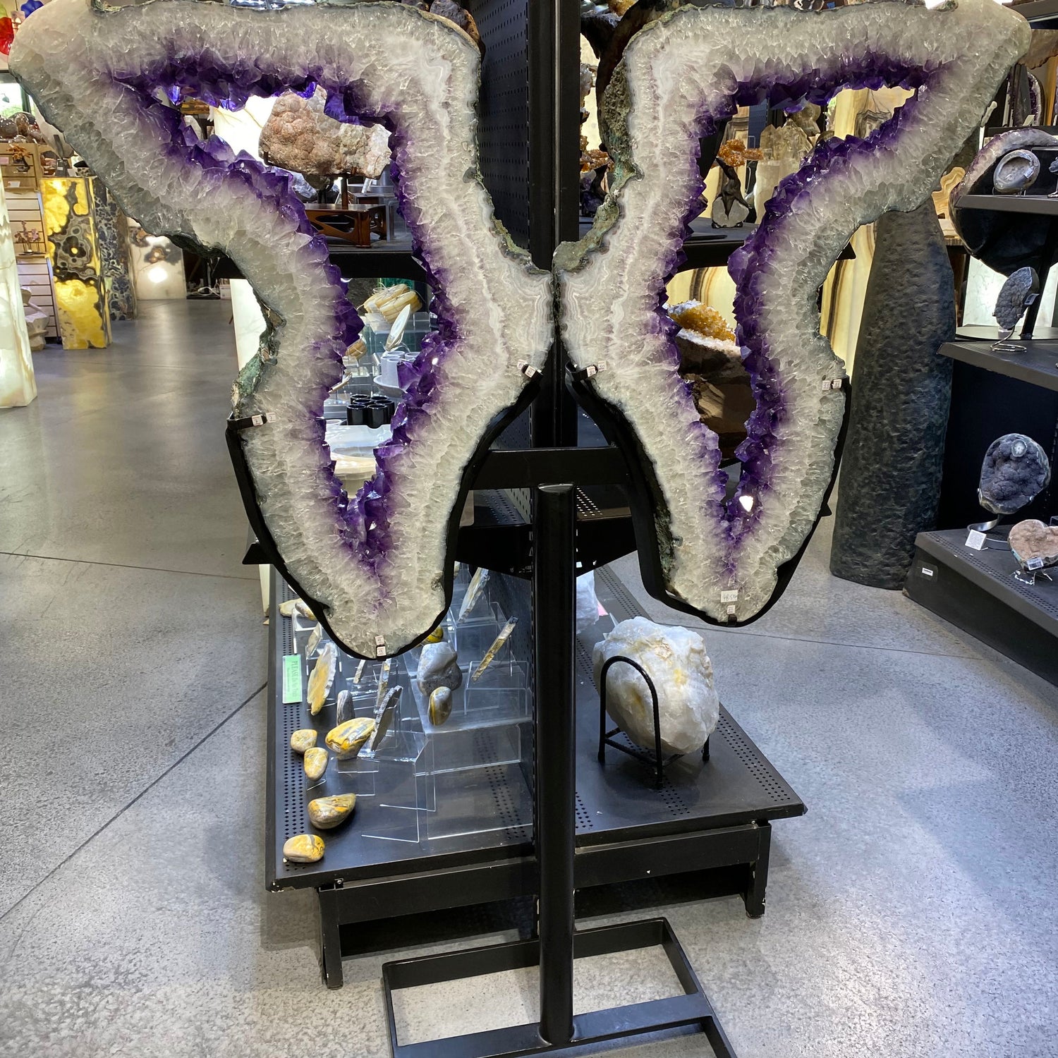 View of Amethyst Geode Ring Wing Pair in Fitted Stand with Open Base
