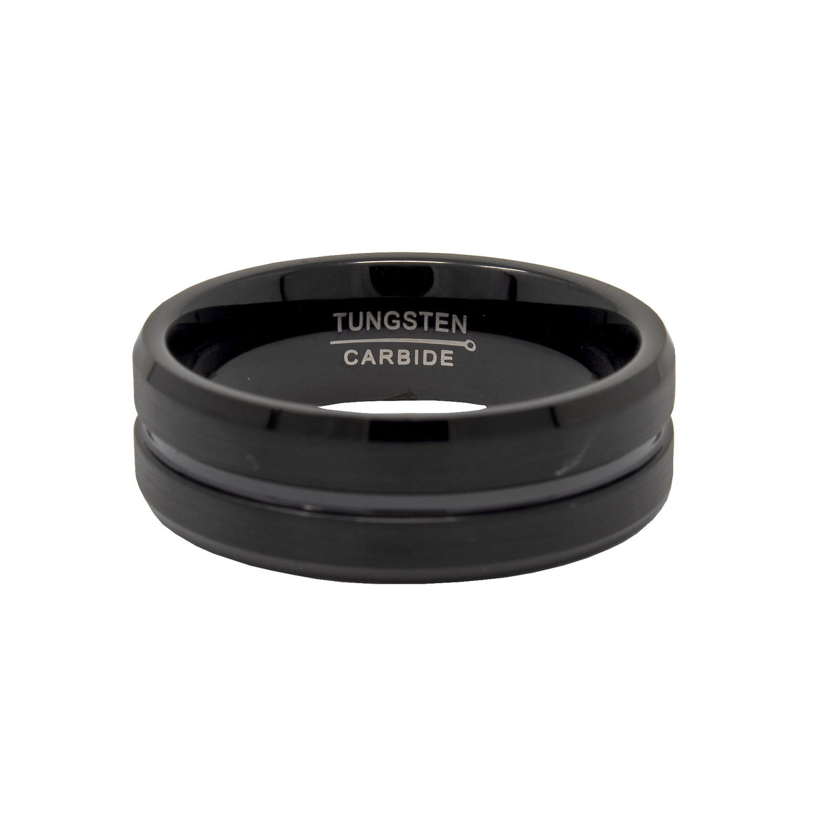 Sleek Black Tungsten Ring Featuring A Polished Center Groove