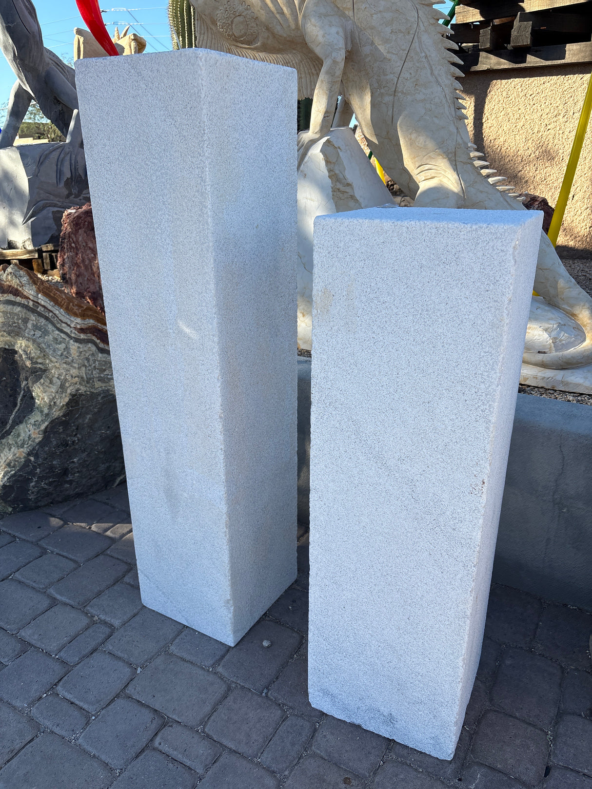 White Marble Pillar Fountain Pair - Textured With 4 Straight Sides