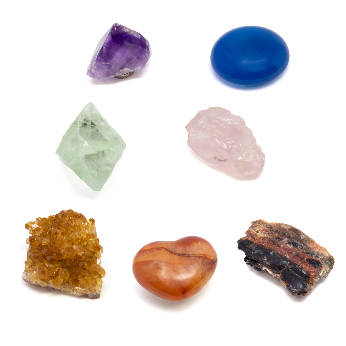 7 Chakra Magnet Set - Set 1 with Amethyst Crystal, Dyed Blue Chalcedony Cabochon, Raw Fluorite Cubic Crystal, Raw Rose Quartz from Brazil, Citrine Crystal Cluster, Carnelian Heart & AZ Petrified Wood