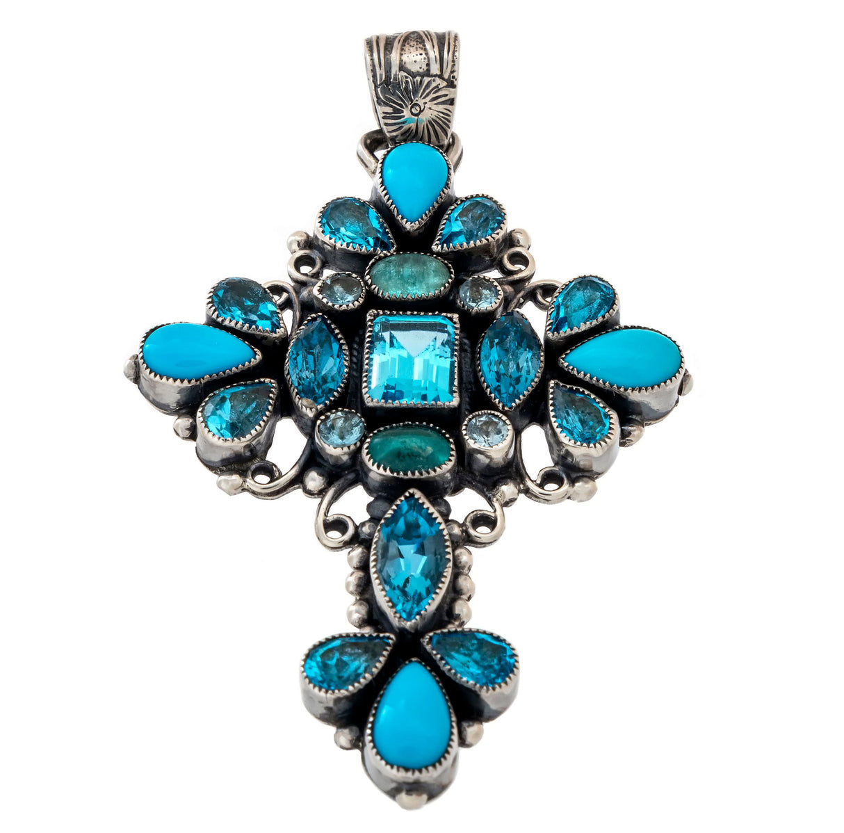 Blue Topaz & Turquoise Cross Pendant with Silver Beading & Wiring with Flower Stamped Bail