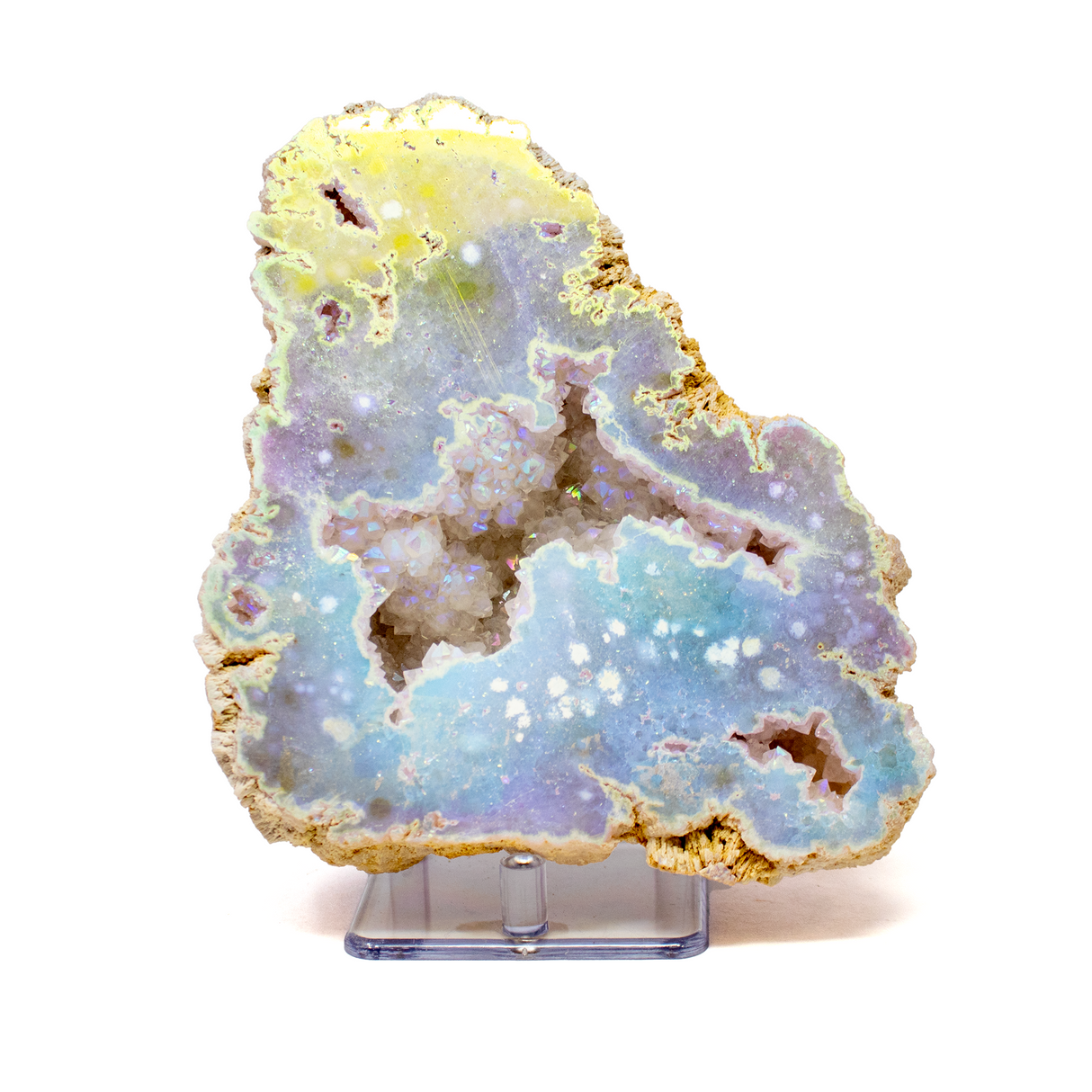 View of Silicon Oxide Geode With Cut Face On Lucite Stand
