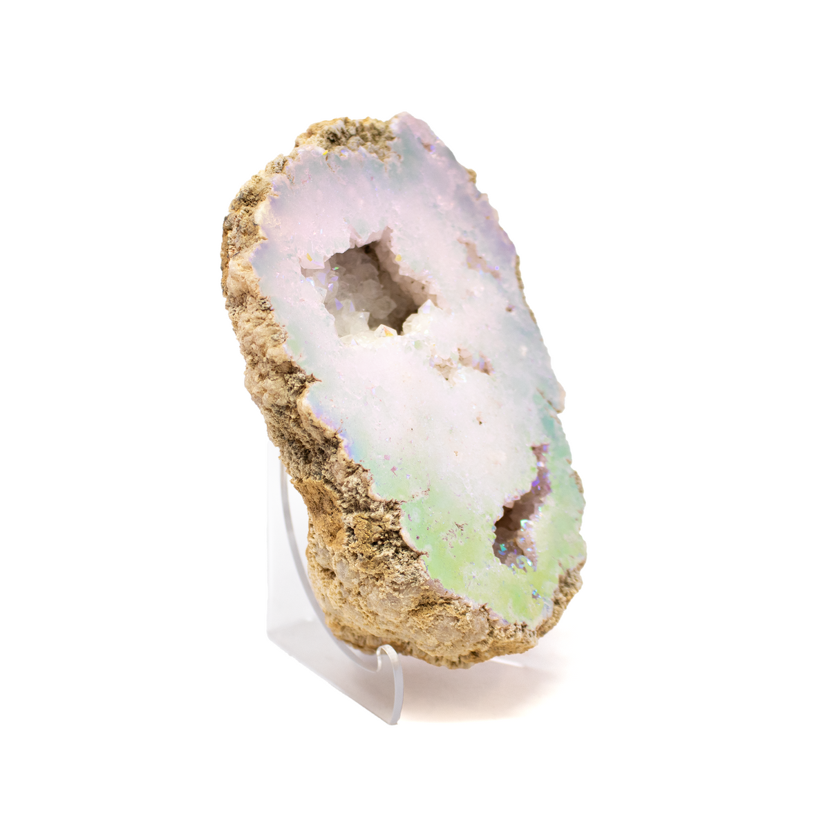 Silicon Oxide Geode with Cut Face on Lucite Stand