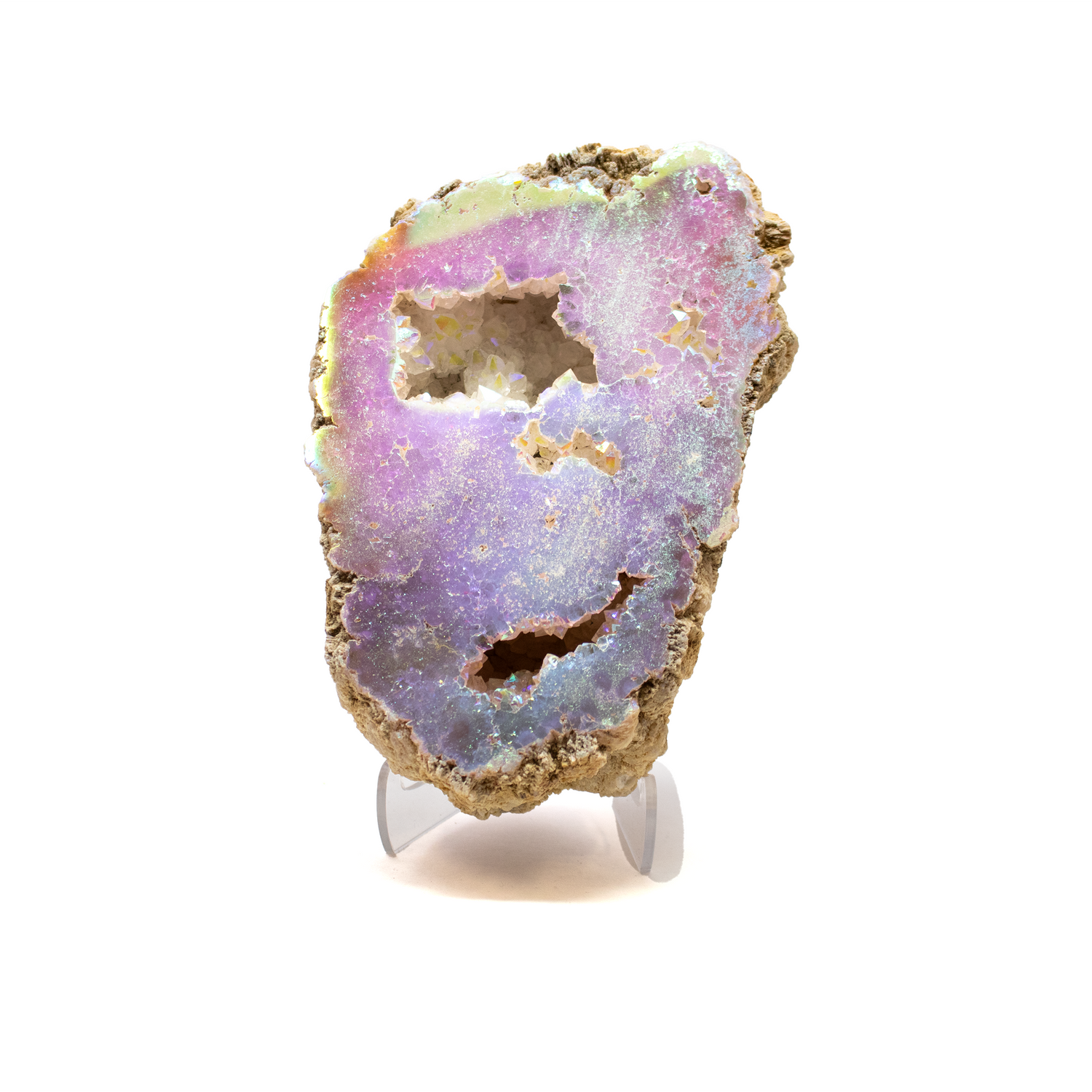 View of Silicon Oxide Geode with Cut Face on Lucite Stand
