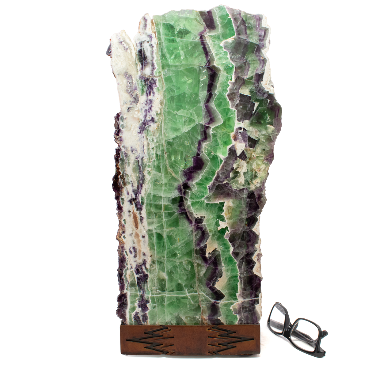 Rainbow Fluorite Table Lamp - Slice Set Vertical With Natural Live Edge