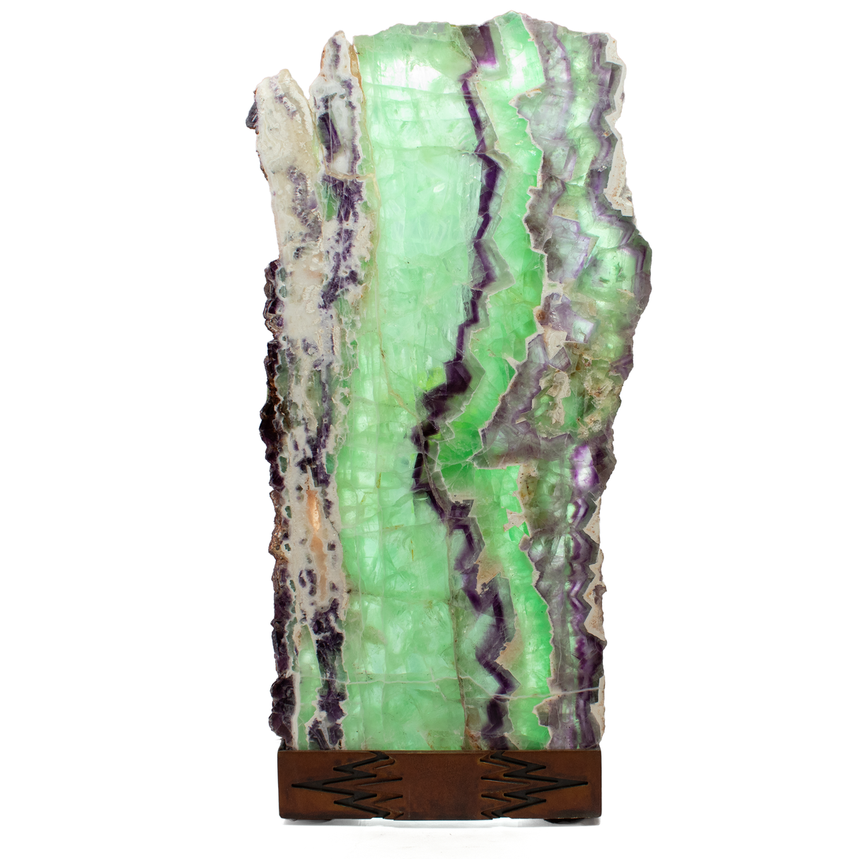 View of Rainbow Fluorite Table Lamp - Slice Set Vertical With Natural Live Edge