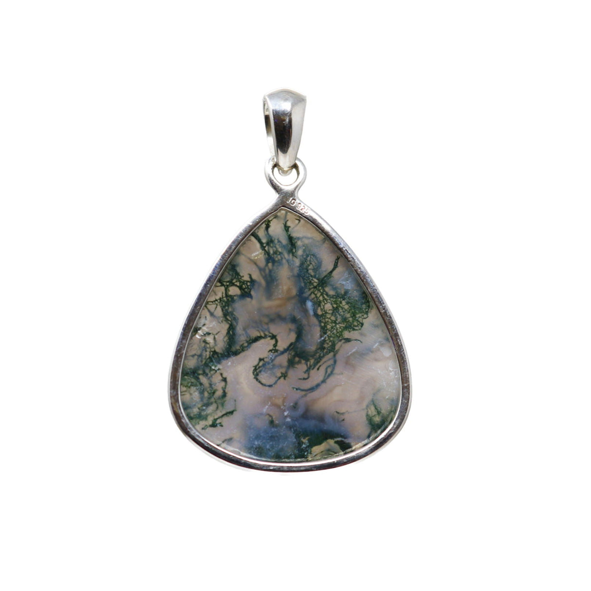 Moss Agate Pendant - Wide Pear Cabochon with Simple 925 Sterling Silver Bezel