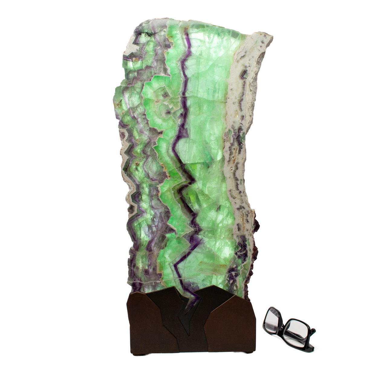 View of Rainbow Fluorite Table Lamp - Slice Set Vertical with Natural Live Edge
