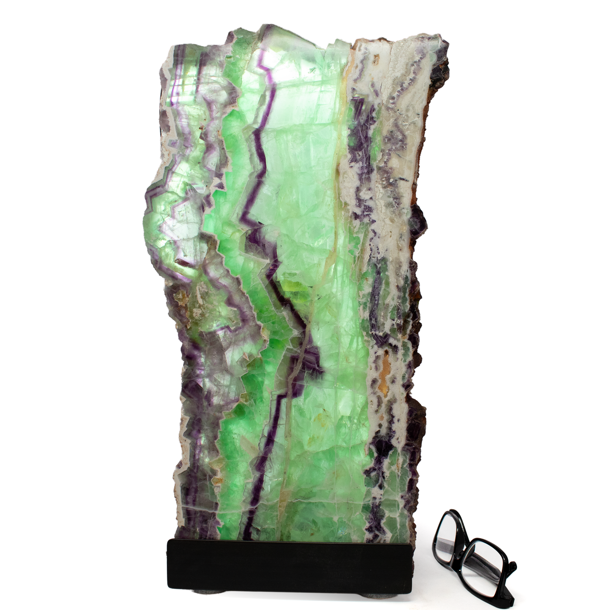 View of Rainbow Fluorite Table Lamp - Slice Set Vertical with Natural Live Edge