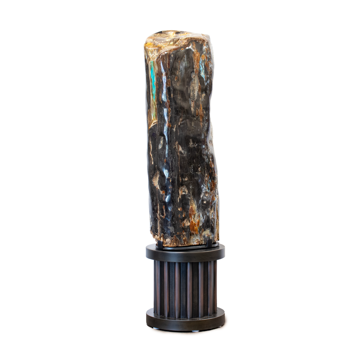 Black & Narrow Petrified Wood Log From Turkey With Rare Chrysocolla Inclusions- On Custom Rotating Base