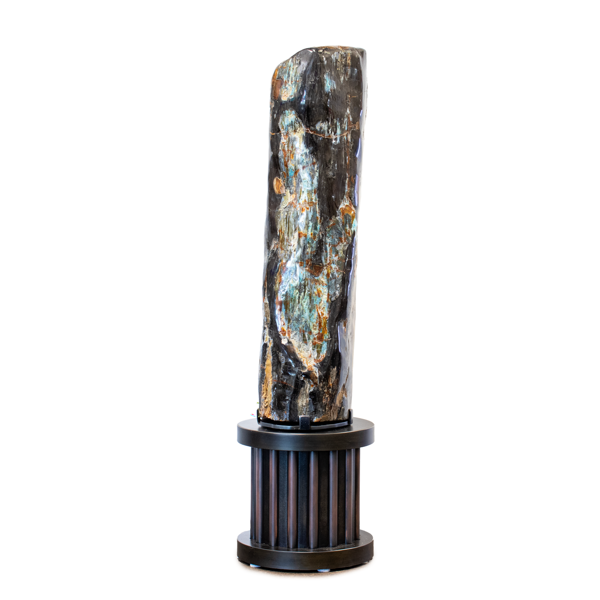 Black & Narrow Petrified Wood Log From Turkey With Rare Chrysocolla Inclusions- On Custom Rotating Base