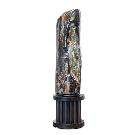 View of Black & Narrow Petrified Wood Log From Turkey With Rare Chrysocolla Inclusions- On Custom Rotating Base