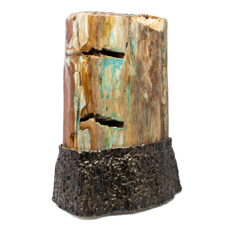 View of Turkey Petrified Wood Log with Rare Chrysocolla Inclusions - Wide Triangle Shape with Cavities on Custom Hammered & Rotating Patina Bezel Base