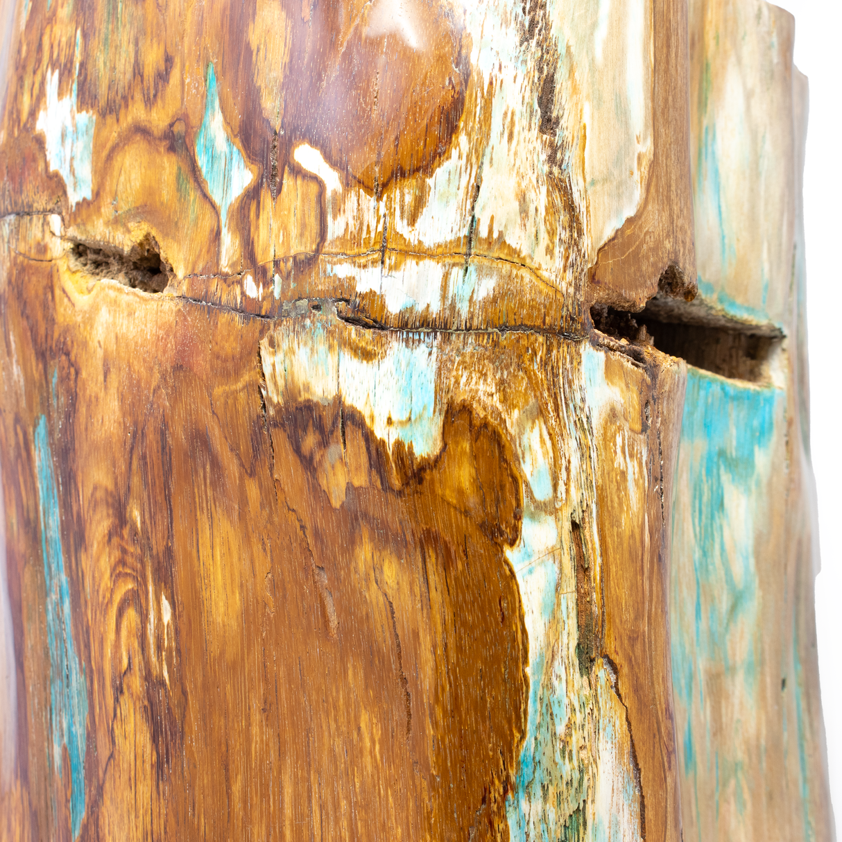 Turkey Petrified Wood Log with Rare Chrysocolla Inclusions - Wide Triangle Shape with Cavities on Custom Hammered & Rotating Patina Bezel Base