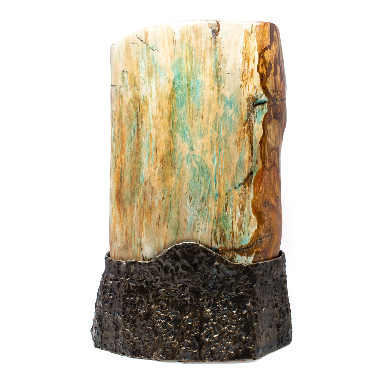 Turkey Petrified Wood Log with Rare Chrysocolla Inclusions - Wide Triangle Shape with Cavities on Custom Hammered & Rotating Patina Bezel Base