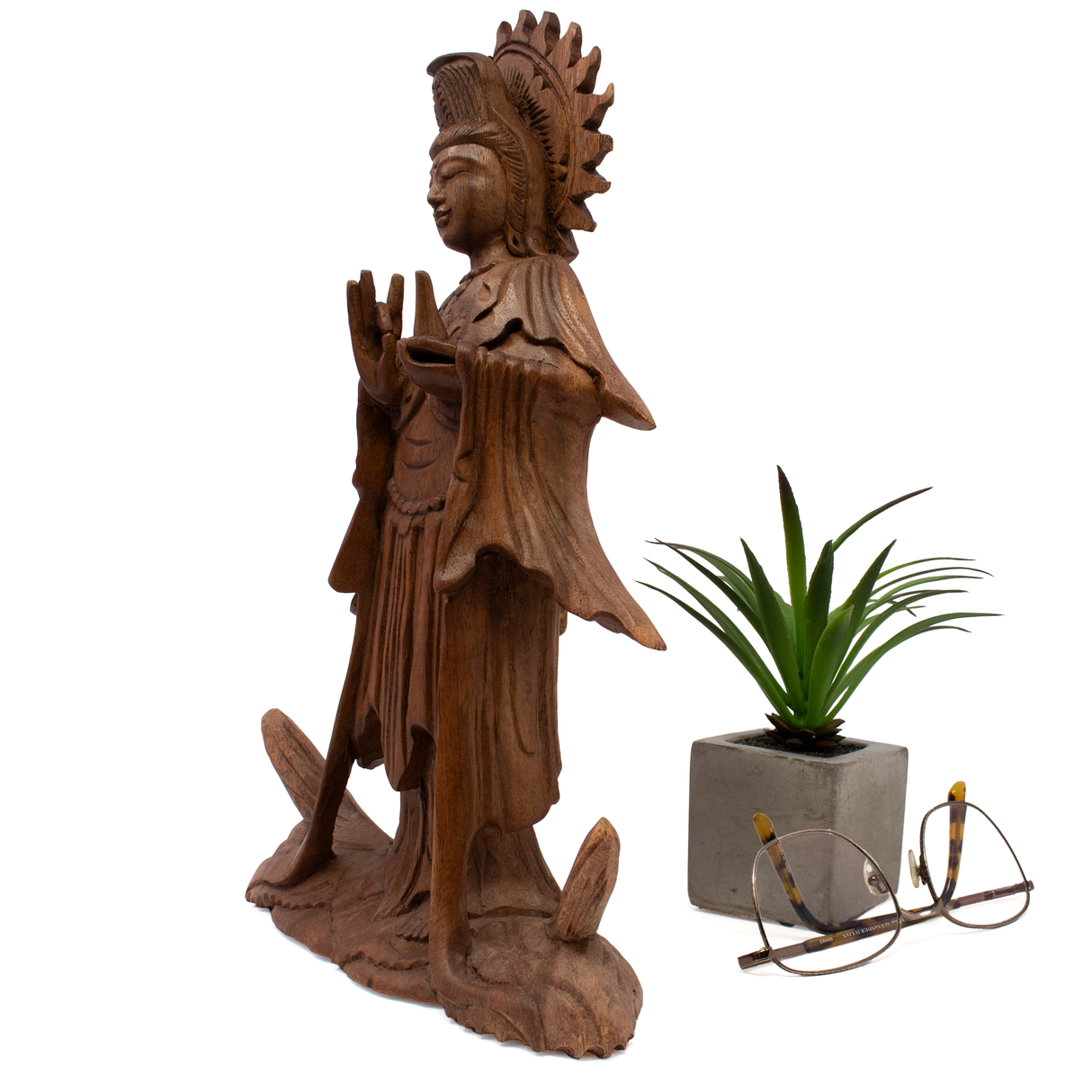 View of Wooden Kwan Yin Sculpture - Standing Pose with Shuni Mudra Hand Pose - Monkey Pod Wood
