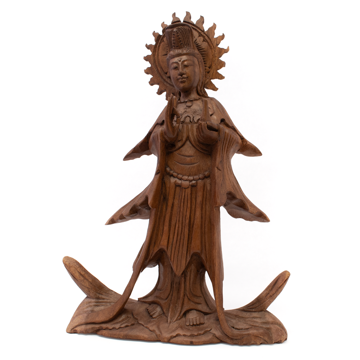 Wooden Kwan Yin Sculpture - Standing Pose with Shuni Mudra Hand Pose - Monkey Pod Wood