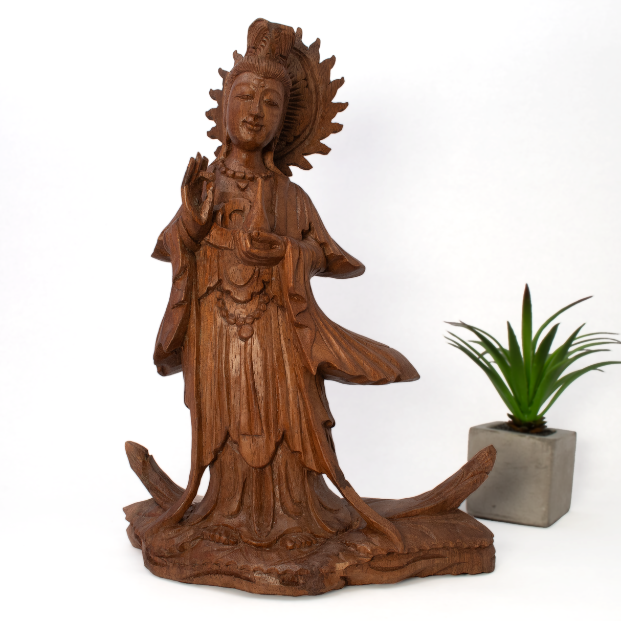View of Wooden Kwan Yin Sculpture - Standing Pose with Shuni Mudra Hand Pose - Monkey Pod Wood