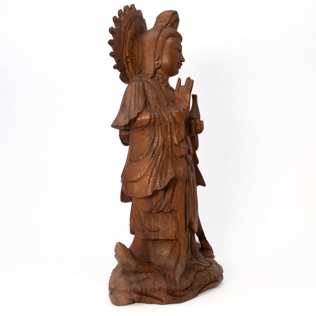 Wooden Kwan Yin Sculpture - Standing Pose with Shuni Mudra Hand Pose - Monkey Pod Wood