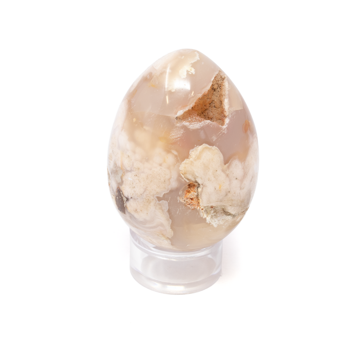 View of Flower Agate Egg with Druze with Lucite Stand