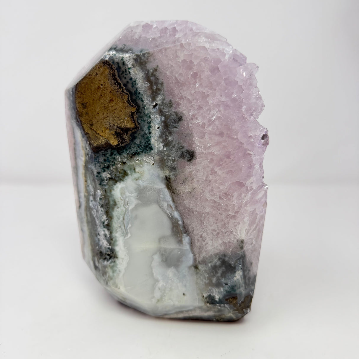 Rose de France Faceted Crystal Plaque with Calcite Crystal Feature - Cut Base
