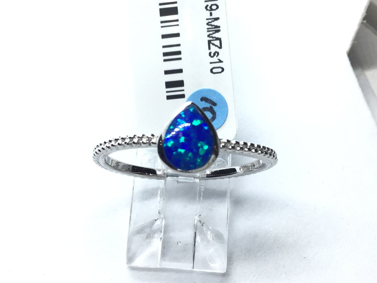 View of Blue Opal Ring with Textured Band - Pear Shape Sz10