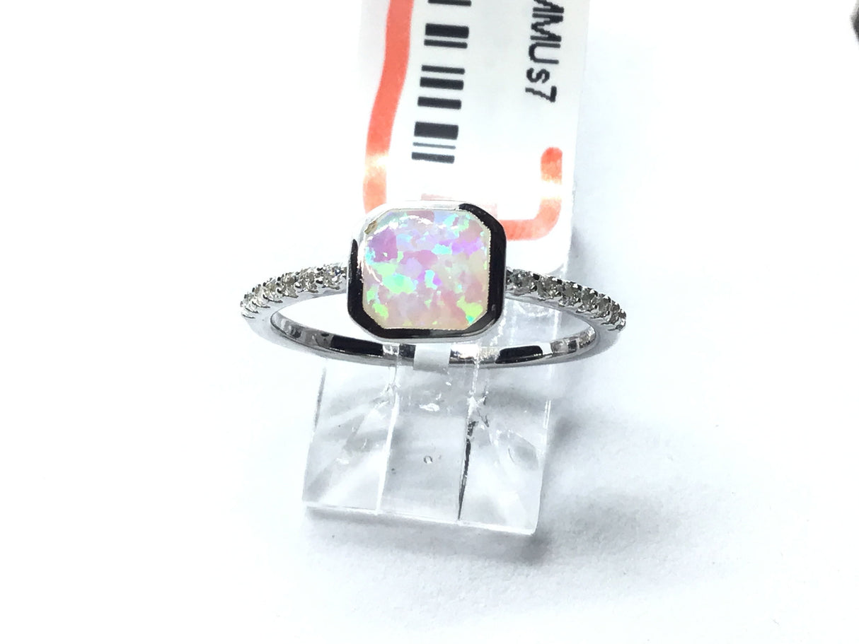 View of White Opal Ring with CZ Pave Band - Square Shape Sz7