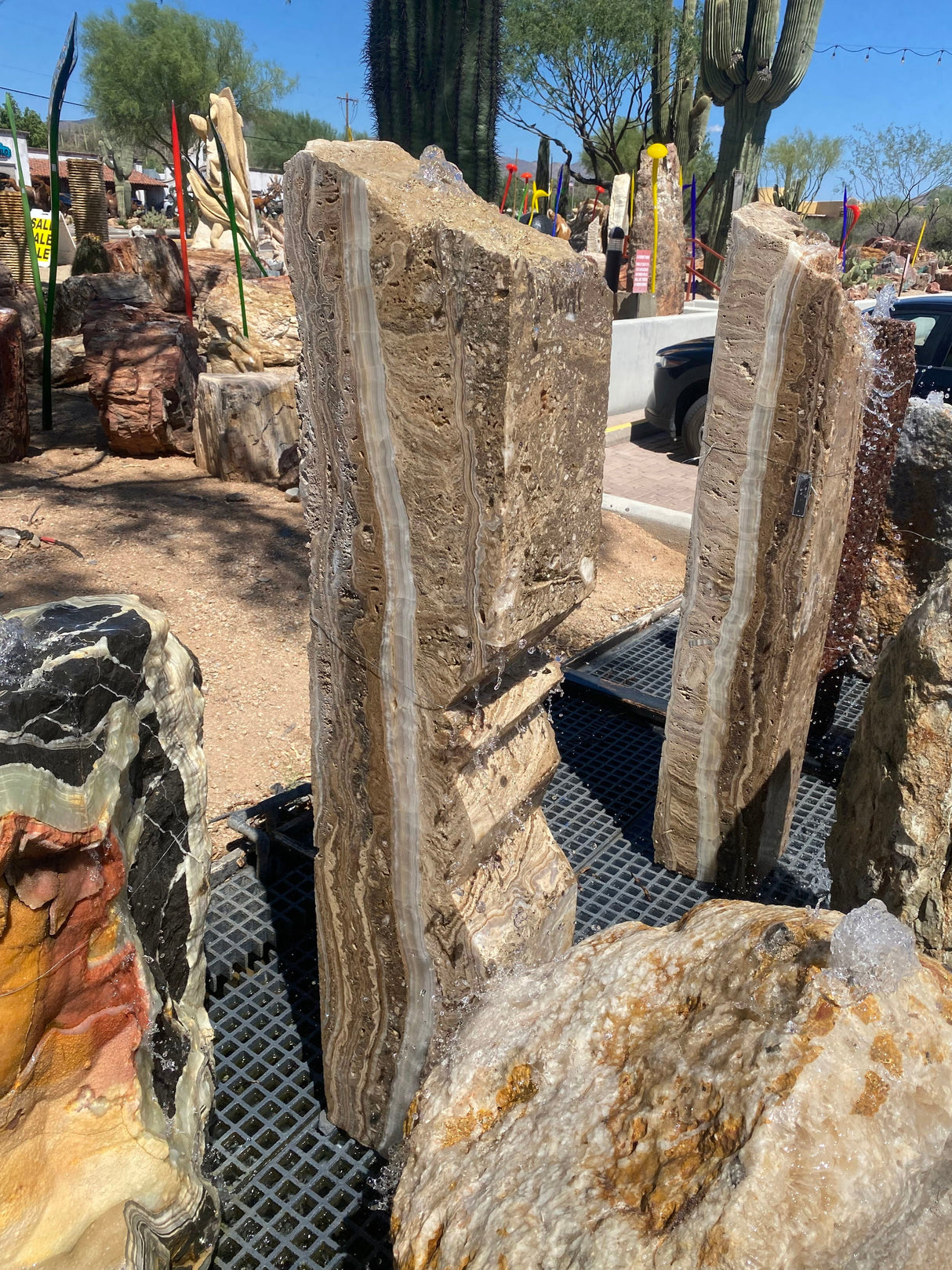Travertine & Onyx Angle Cut Column Fountain