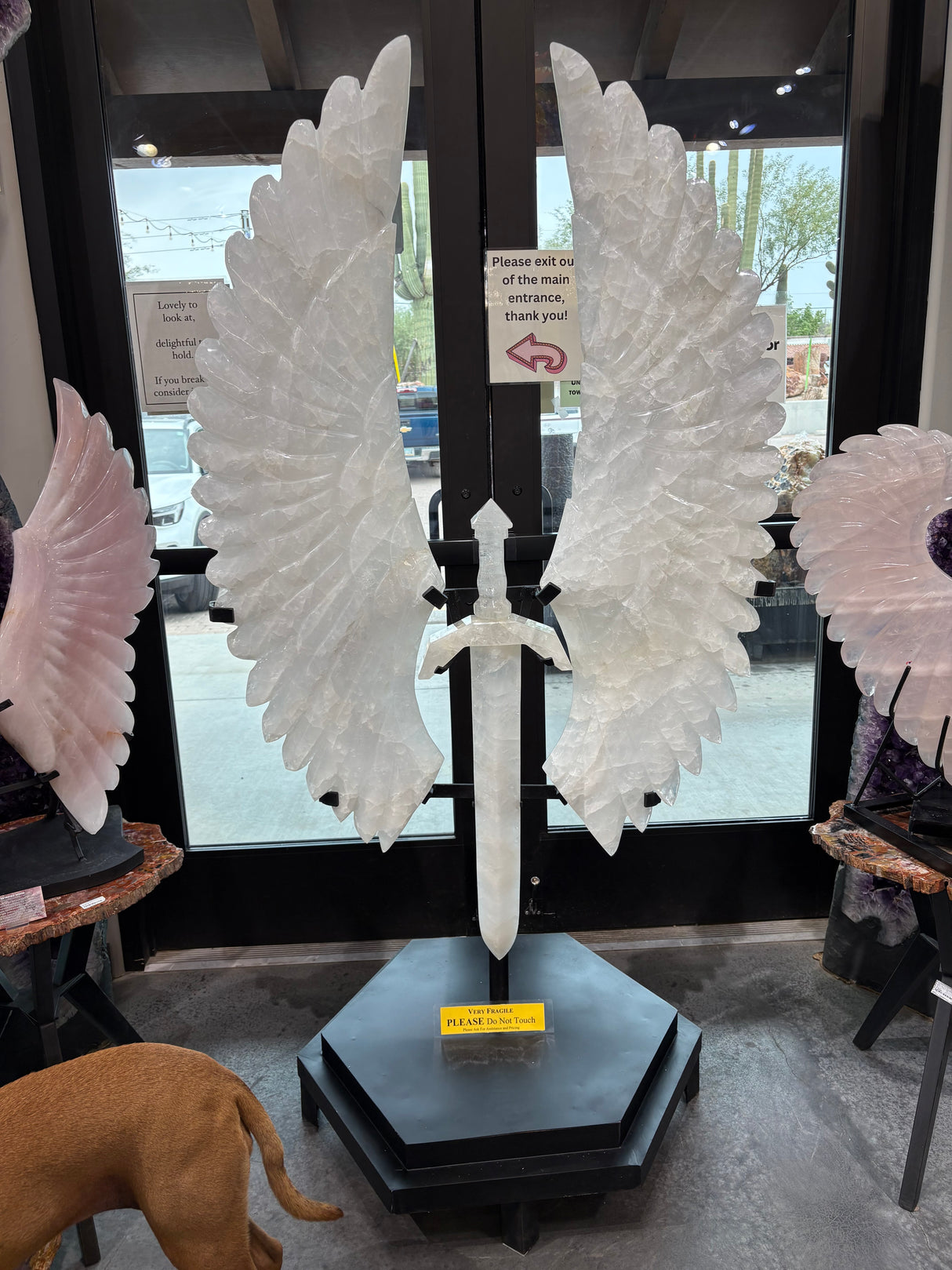 Quartz Warrior Sword & Angel Wings Carving in Fitted Stand