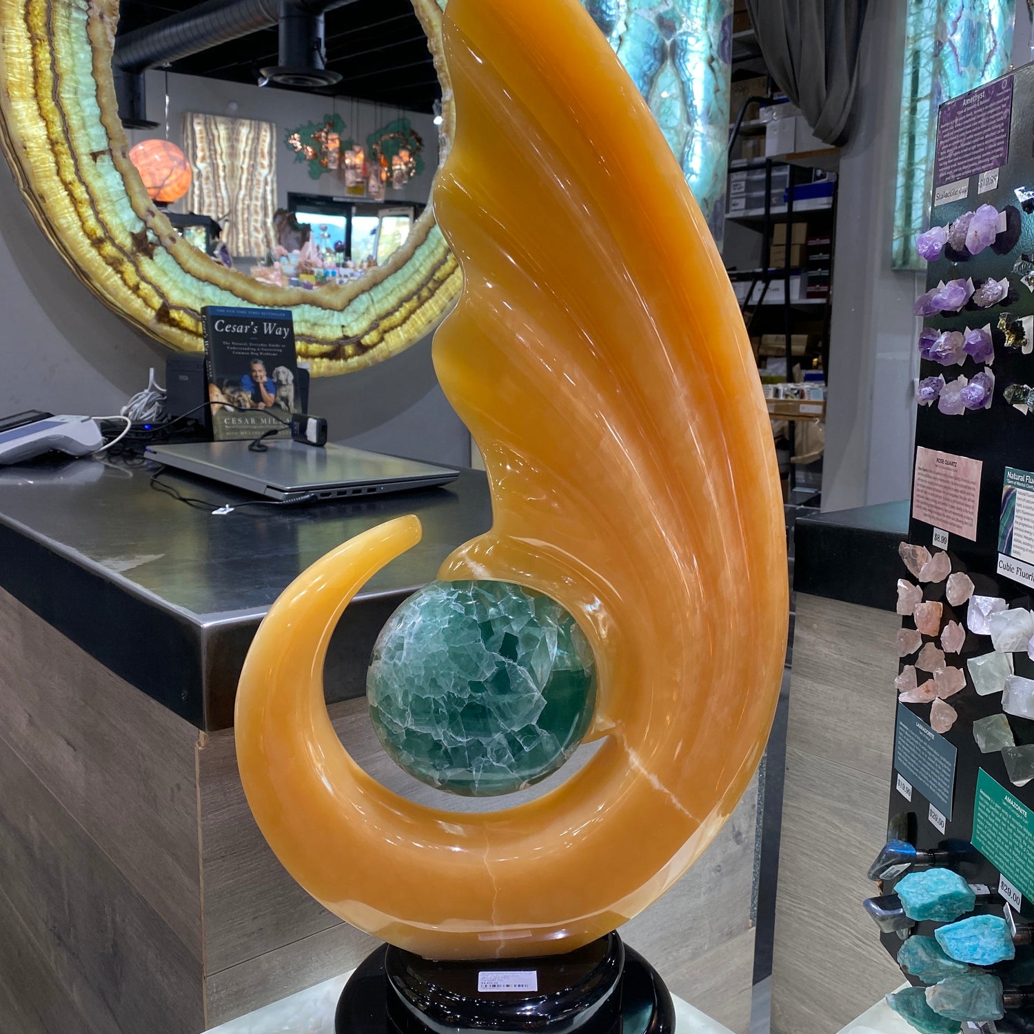 Meil Onyx Abstract Sculpture with Fluorite Center and Black Marble Base