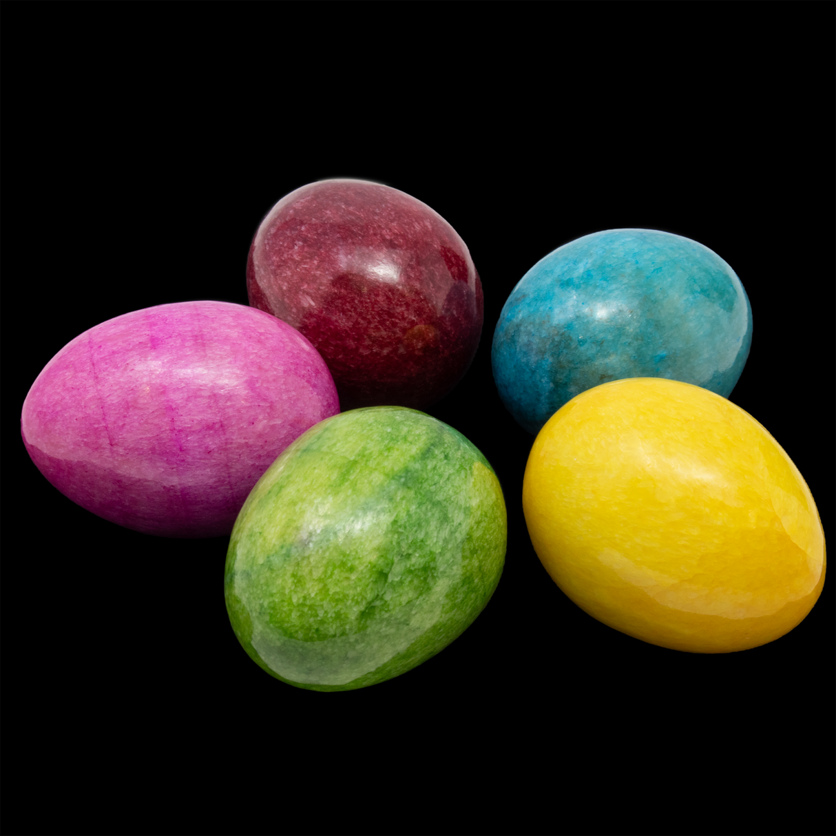 View of Multicolor Onyx Egg Set with Lucite Ring Stands (Set of 5)