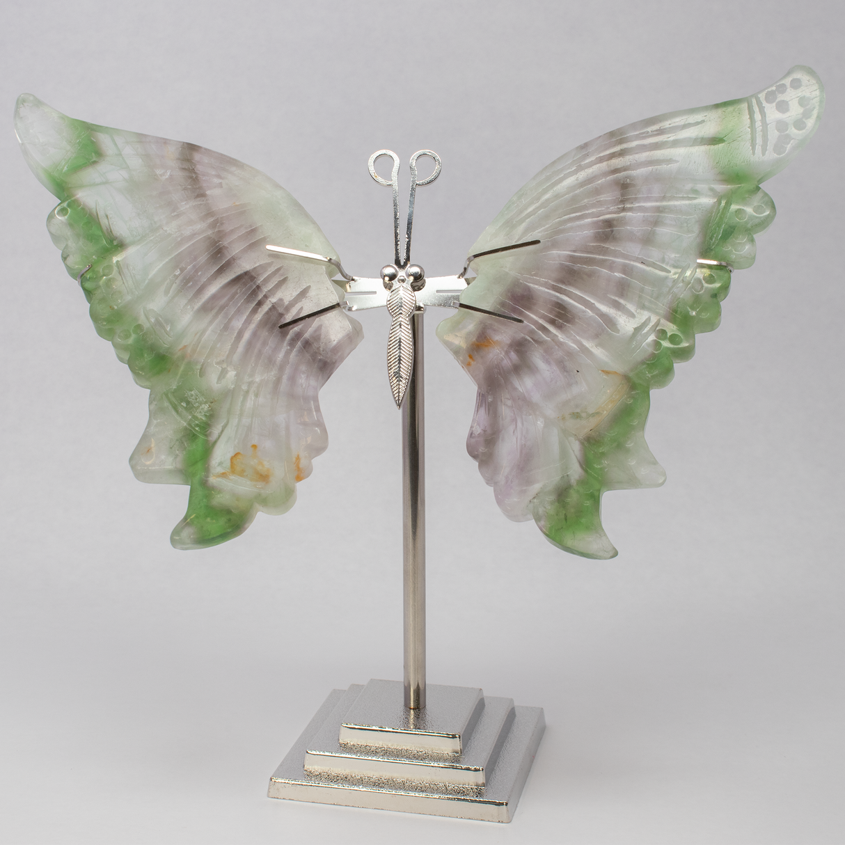 View of Rainbow Fluorite Butterfly Wings Carving with Stand
