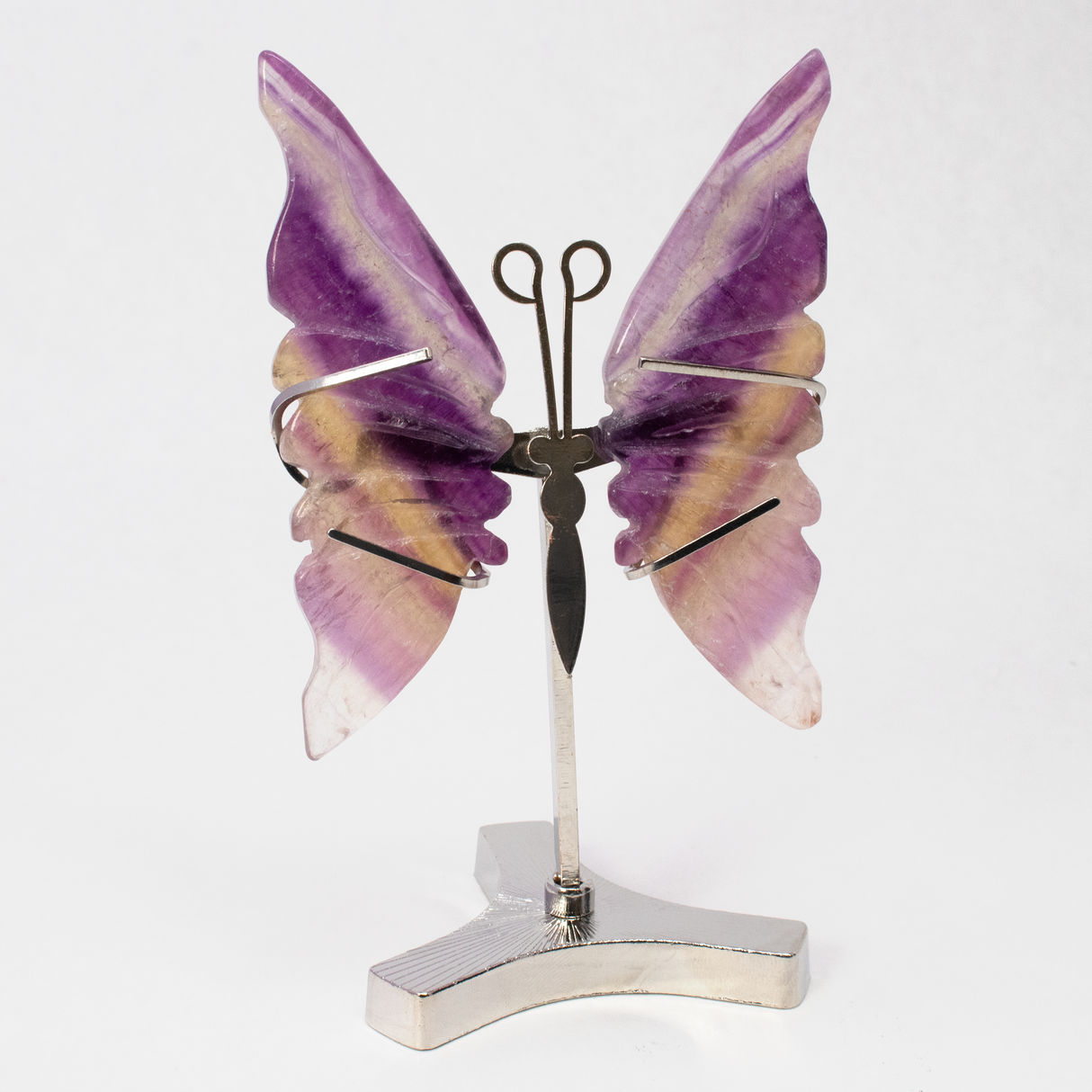 View of Rainbow Fluorite Butterfly Wings Carving with Stand