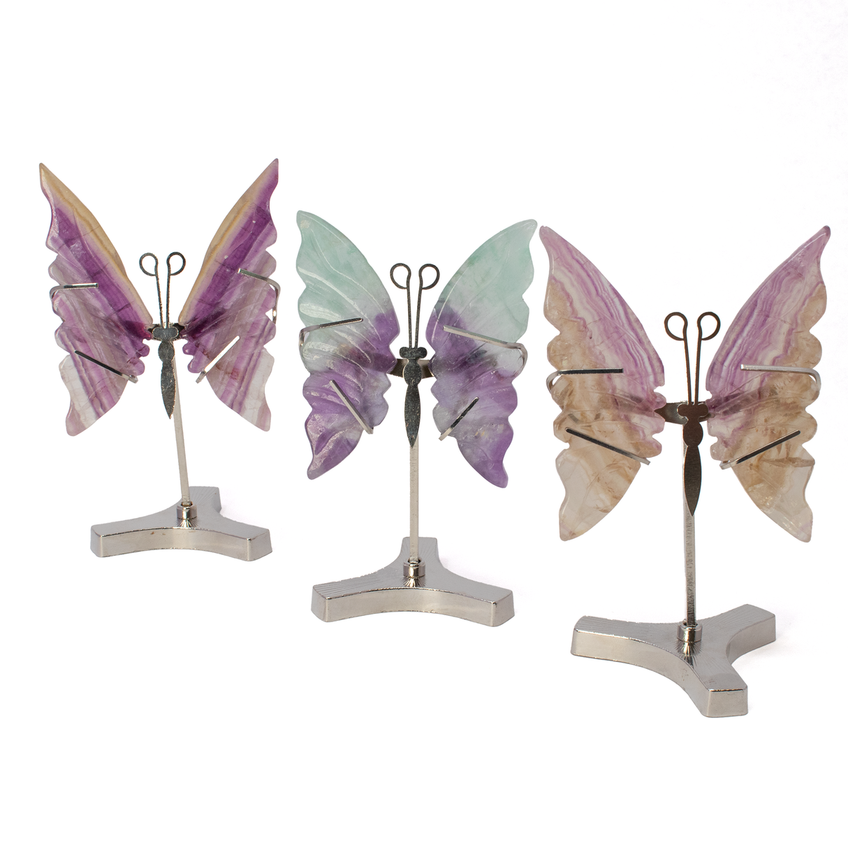 View of Rainbow Fluorite Butterfly Wings Carving with Stand