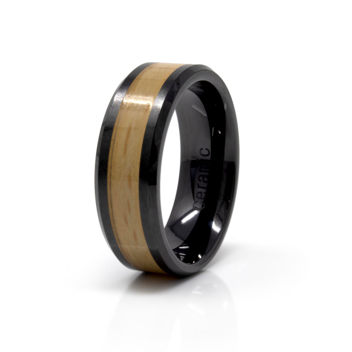 8mm Black IP Plated Ceramic Ring with Wood Inlay Center