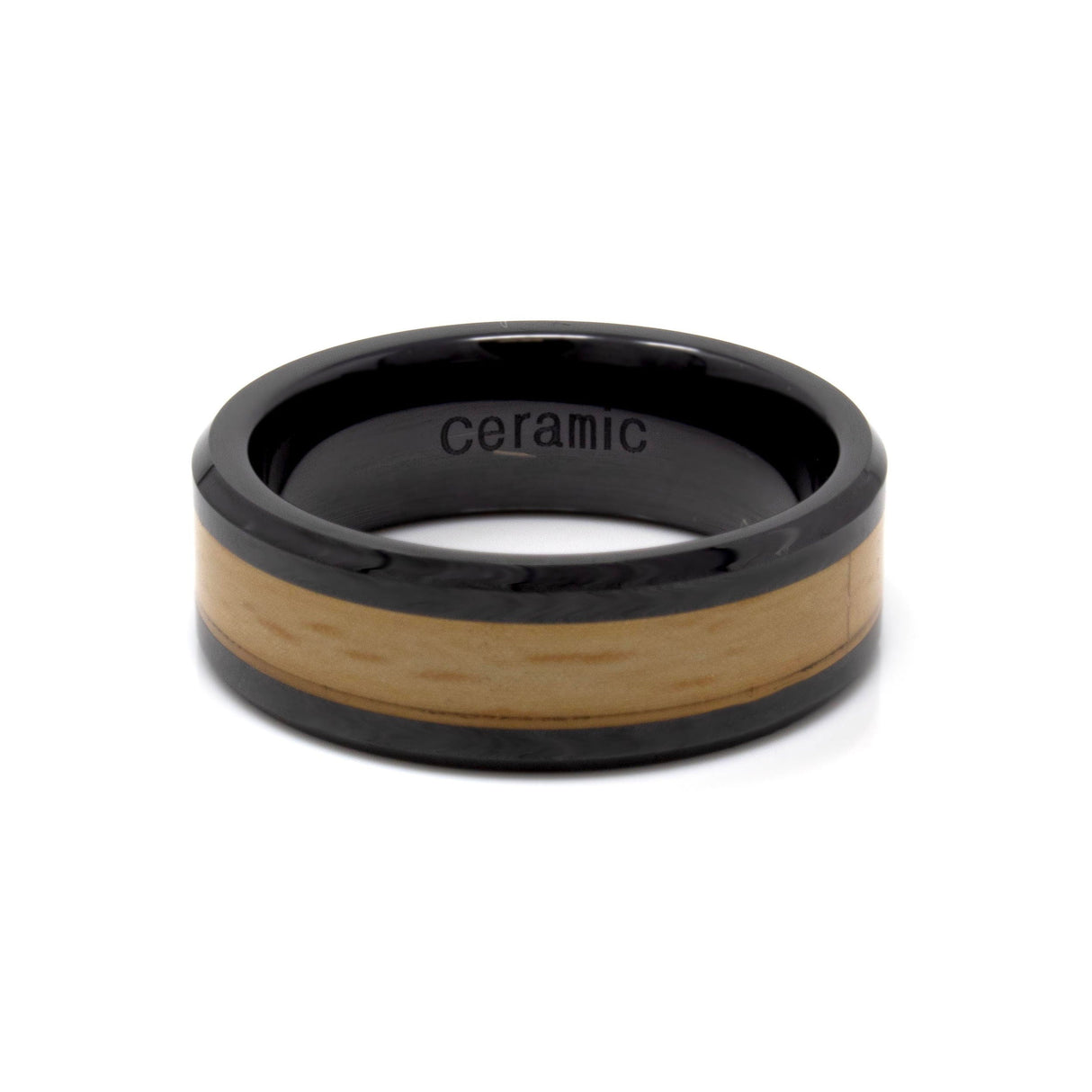 8mm Black IP Plated Ceramic Ring with Wood Inlay Center