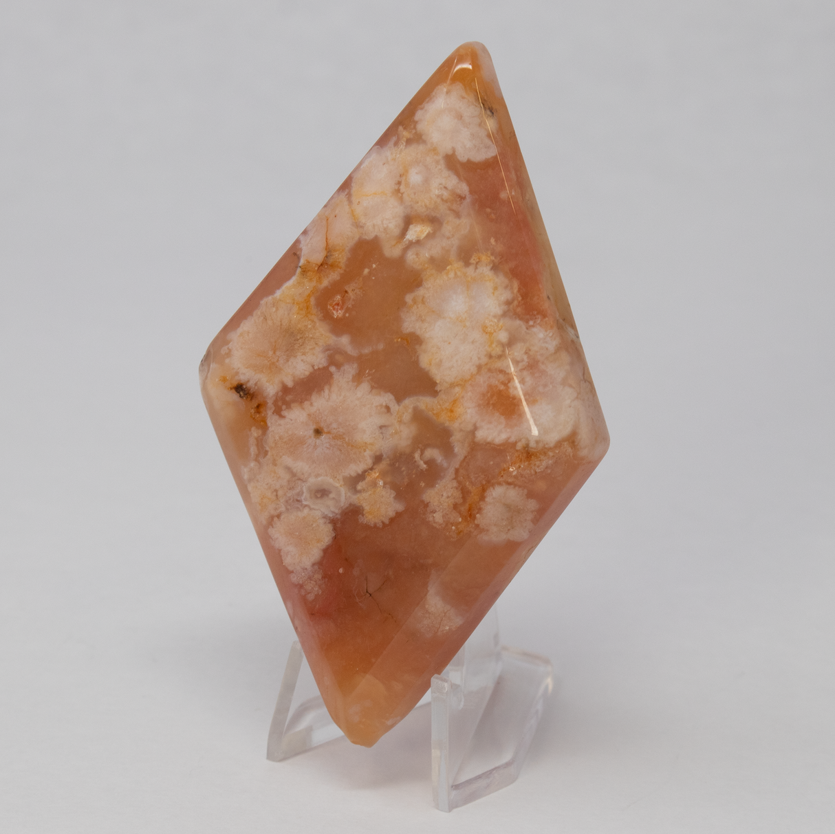 View of Flower Agate Diamond Shape with Metal Stand