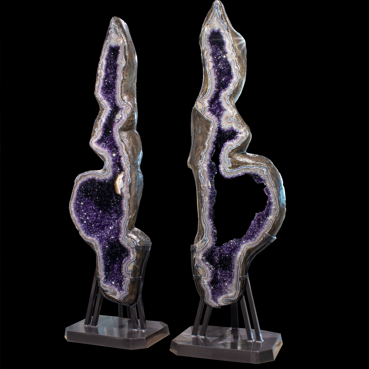 View of A++ Amethyst Geode Ring Pair with Blue & Red Agate Rim and Calcite Inclusion