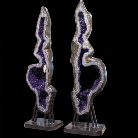View of A++ Amethyst Geode Ring Pair with Blue & Red Agate Rim and Calcite Inclusion