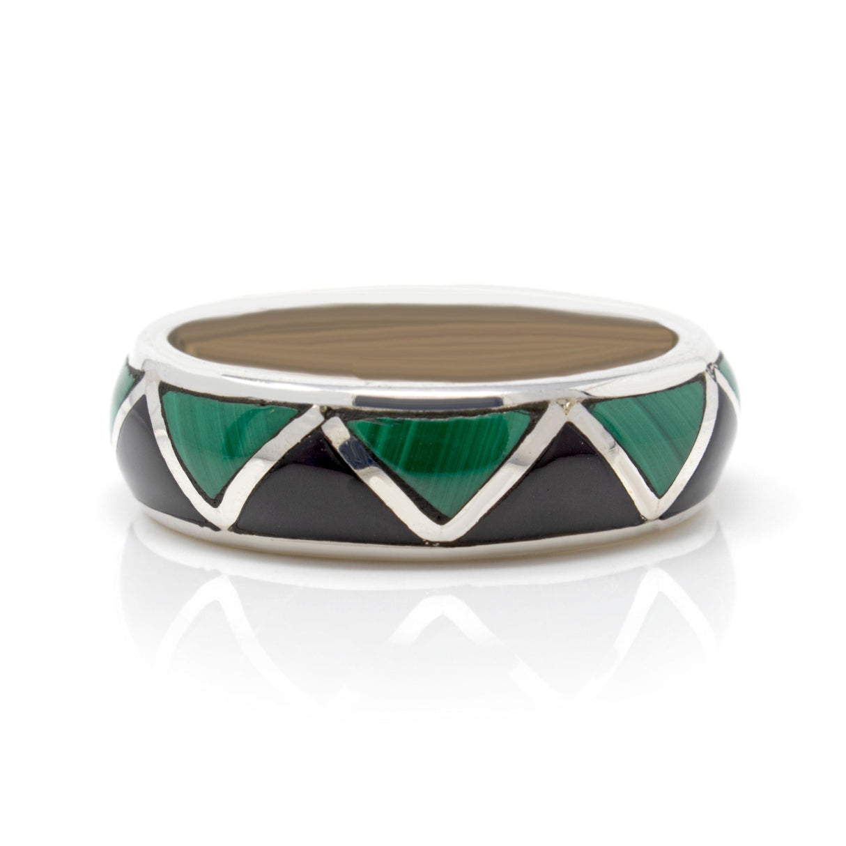 Black Onyx & Malachite Inlay Ring Size 12 - All Around Triangle Inlay with Silver Zig-zag Channeling
