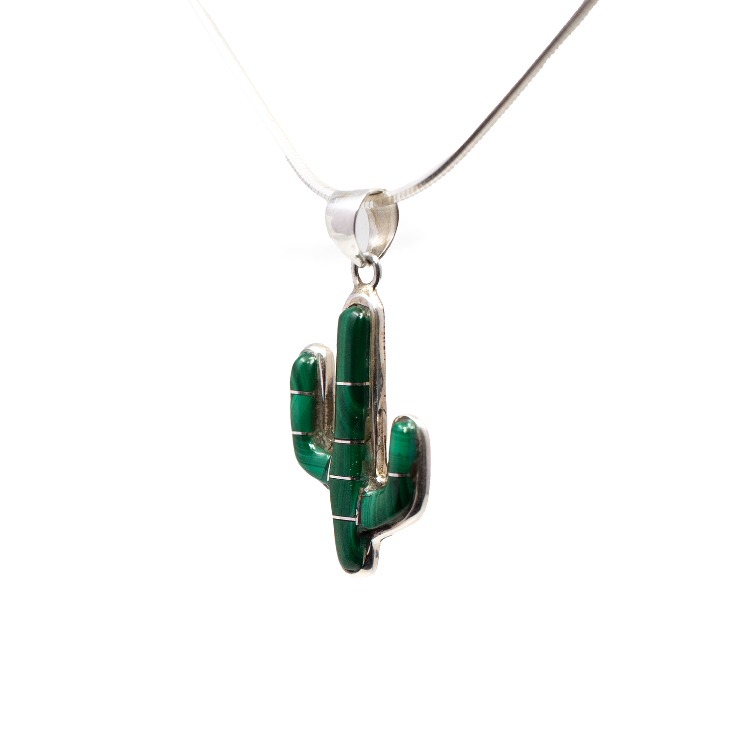 Malachite Inlay Cactus Pendant - Simple Saguaro with Rounded Silver Bezel Edge & Silver Channeling
