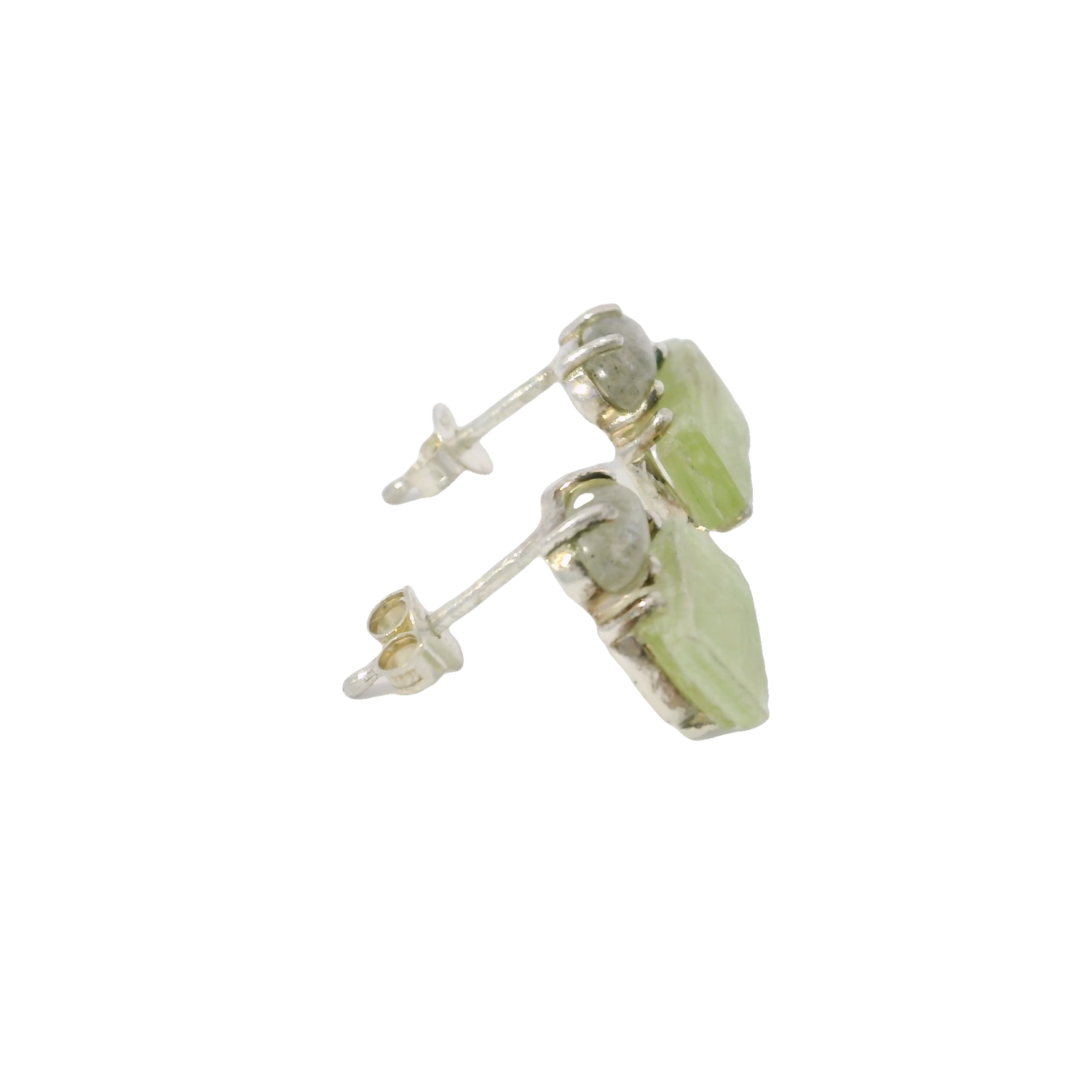 Mint Green Kyanite Stud Earrings with Cabochon of Labradorite Prong set in 925 Sterling Silver