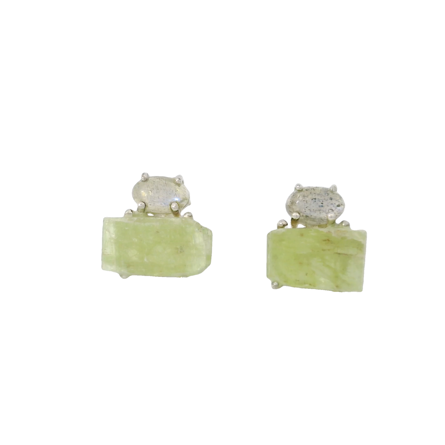 View of Mint Green Kyanite Stud Earrings with Cabochon of Labradorite Prong set in 925 Sterling Silver