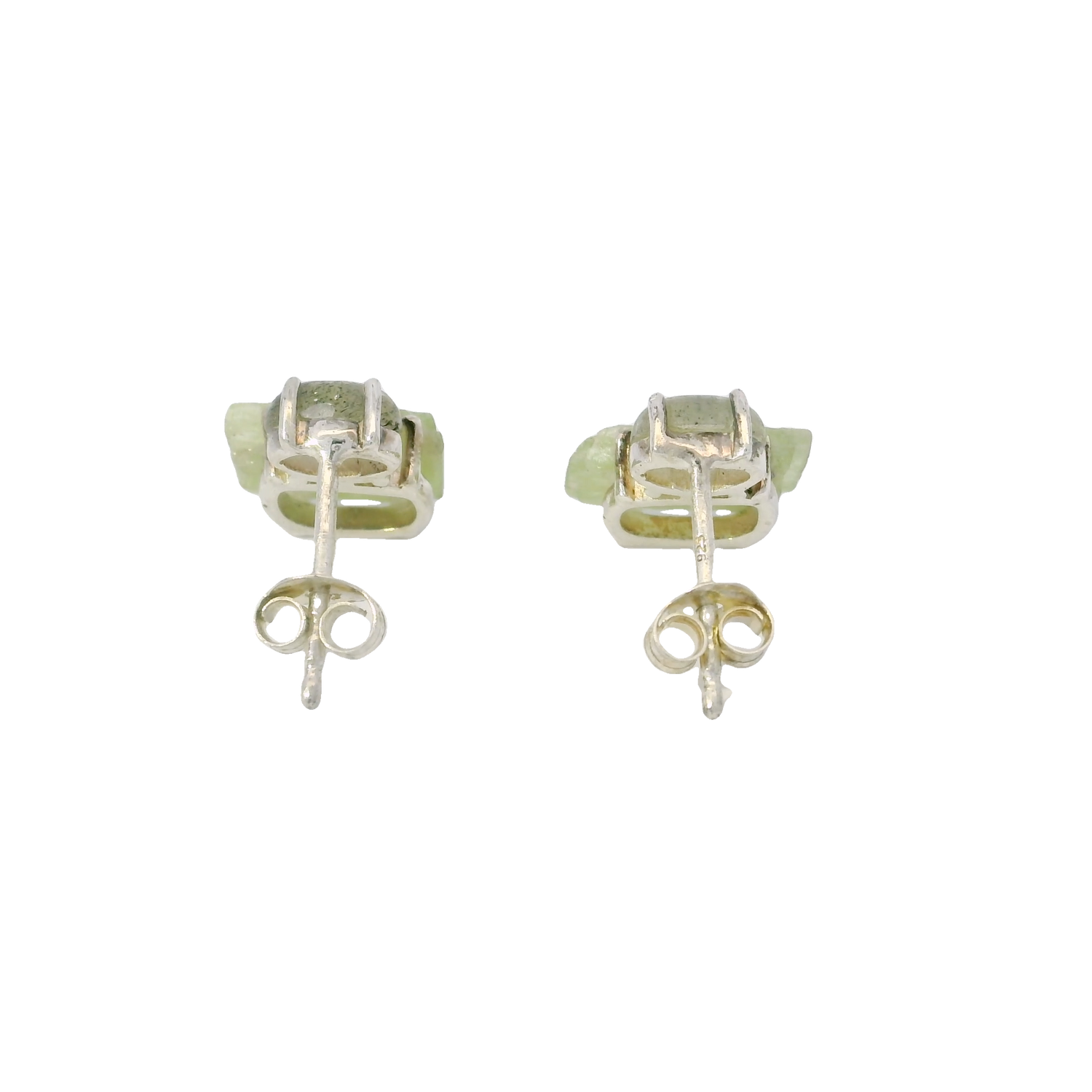 Mint Green Kyanite Stud Earrings with Cabochon of Labradorite Prong set in 925 Sterling Silver